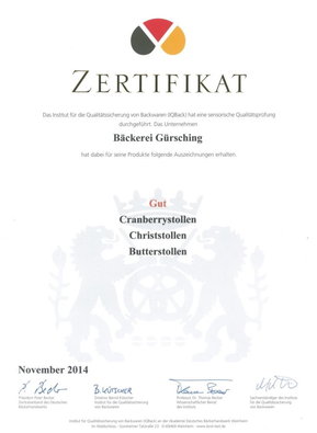 Zertifikat für diverse Stollen 2014