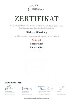 Zertifikat für Butter- und Christstollen 2018